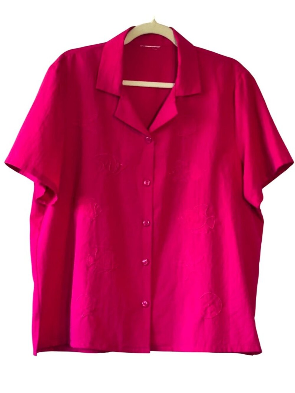 Vintage Hot Pink Embroidered Camp Shirt Blouse Coastal Tropical Fish Size L
